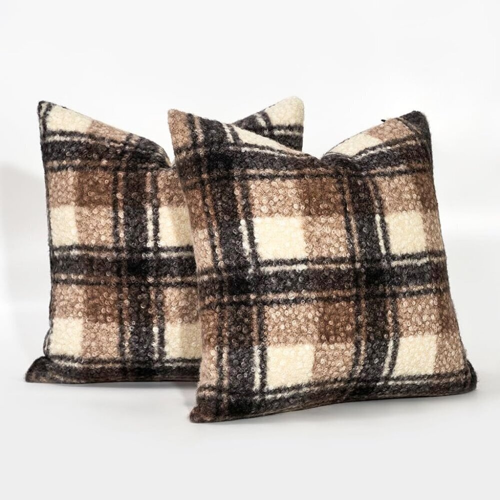 Cozy Sherpa Pillow Covers 18x18 Buffalo Plaid Brown Set